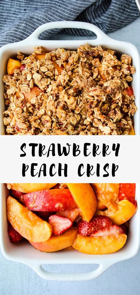 Strawberry Crisp Healthy, Strawberry Peach Crisp, Peach Oatmeal Crisp, Vegan Crisp, Walder Wellness, Peach Healthy, Peach Oatmeal, Vegan Peach, Strawberry Crisp