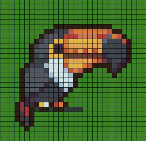 A pixel art template of a Toucan. Pixel Art Grid, Perler Beads, Pixel Art, Cross Stitch, Arts And Crafts, Birds, Anime, Animals, Art