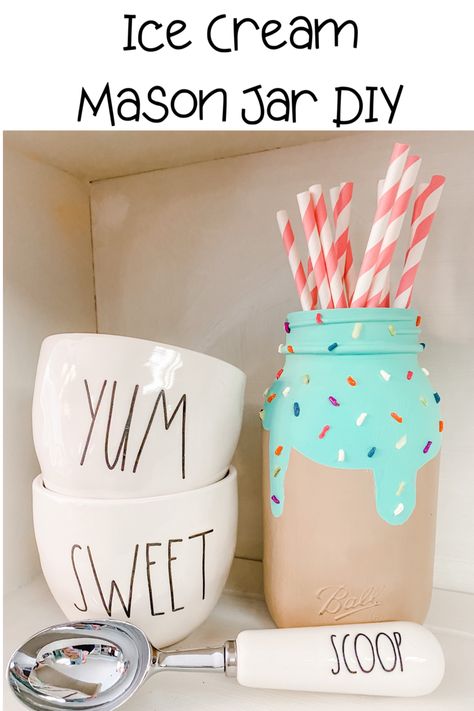 Ice Cream Mason Jars Diy, Ice Cream Tip Jar Ideas, Sprinkle Mason Jars Diy, Ice Cream Party Decorations Diy, Ice Cream Containers Crafts, Painted Mason Jar Crafts, Ice Cream Mason Jars, Diy Ice Cream Bar, Painted Mason Jars Diy