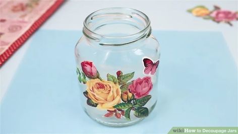 How to Decoupage Jars: 14 Steps (with Pictures) - wikiHow Napkin Decoupage On Glass Jars, Decoupage Mason Jars Diy, Decoupage On Glass Jars, How To Decoupage, Decoupage Glass Jars, Modge Podge Candles, Modge Podge Glass, Decoupage With Fabric, Old Candle Jars