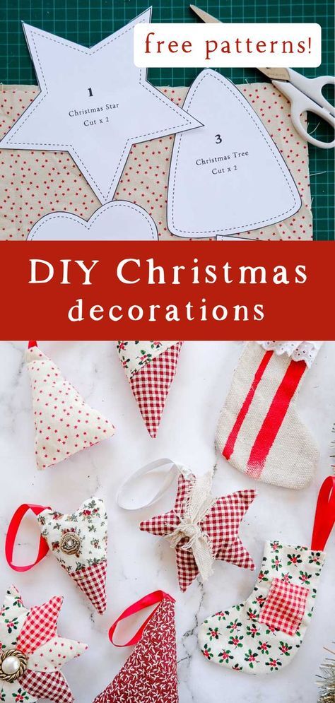 If you have Christmas prints in your fabric stash, why not sew some new decorations for your Christmas tree this year? These DIY homemade Christmas decorations are easy to sew and only take 20 minutes to make when you download my free sewing patterns. These super easy Christmas decorations are perfect for sitting with a cup of tea and sewing. Christmas can be busy, but it’s always nice to find time to relax and unwind by crafting. Handmade Christmas Sewing Patterns, Christmas Tree Decorations Sewing, Fabric Tree Decorations, How To Sew Christmas Ornaments, Super Simple Sewing Projects, Christmas Tree Sewing Pattern Free, Christmas Fabric Crafts To Sell, Fabric Christmas Ornaments Patterns Free, Easy Sewing Christmas Gifts