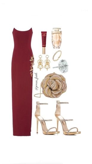 100 Get ready for a night out in a formal mix of burgundy and gold. #ShopStyle #shopthelook #MyShopStyle #WeddingGuestLooks #BlackTieLooks #WeekendLook #DateNight #GirlsNightOut #OOTD Gold Heels Red Dress, Red Dress With Gold Heels, Red Dress Gold Accessories, Chic Red Evening Heels, Red And Gold Outfit, Luxury Burgundy Semi-formal Dress Shoes, Red Gucci Heels For Evening, Outfit Vestido Rojo, Red Dress Accessories