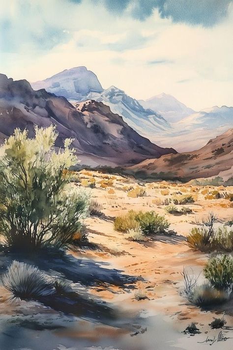 Desert Landscape Canvas Wall Art Inspired by Watercolor Masterpieces Natural Colors Home Decor Custom Print by CustomCanvasCurators 🎨 Step into the serene desert oasis with our stunning canvas print! 🏜️ Inspired by the mesmerizing beauty of nature, this artwork captures the tranquility of a desert landscape in soft watercolor gradients and lush greenery. Perfect for adding a touch of calm to your living space, bedroom, or office. Personalized designs are also available to make it uniquely y... Watercolor Desert Landscape Paintings, Plains Aesthetic, Watercolor Desert Landscape, Desert Landscape Art, Desert Landscape Painting, Rugged Mountains, Winter Deserts, Muted Earth Tones, Quiet Beauty