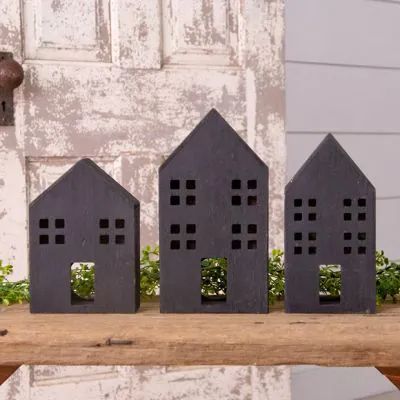 Wooden Houses Craft Decor, Kitchen Table Centerpiece, Black Candle Holders, Farmhouse Modern, Wooden Houses, Village House, Light Garland, Tabletop Decor, Antique Farmhouse