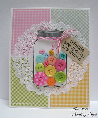 Special Treasures Cards With Buttons, Card With Buttons, Mason Jar Cards, Pola Kristik, Button Cards, Friendship Cards, Shaker Cards, Button Crafts, Cards For Friends