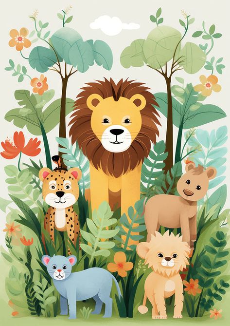 Colorful kids' nursery poster with cheerful jungle animals like a lion, leopard, cub, and other creatures surrounded by lush green plants and blooming flowers Jungle Canvas Painting, Lion Painting For Kids, Jungle Mural For Kids, Cartoon Poster Design, Billy Bedroom, Cute Lion Cartoon, Cartoon Jungle, Jungle Pictures, Birthday Animals