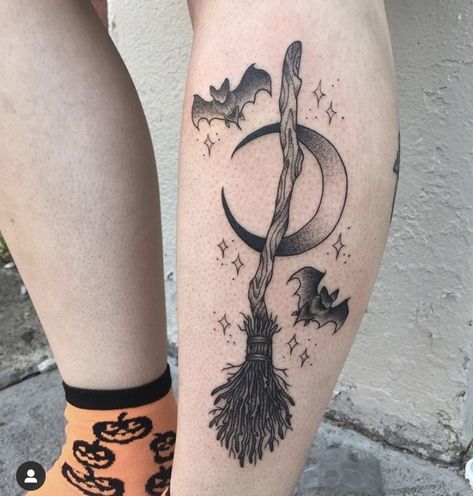 Bats and Broomstick tattoo Black Cat On Broom Tattoo, Witch Broom Cat Tattoo, Witch On Broomstick Tattoo, Cat On A Broom Tattoo, Cat Broom Tattoo, Black Cat Witch Tattoo, Black Kitten Tattoo, Magic Cat Tattoo, Cute Witch Tattoo