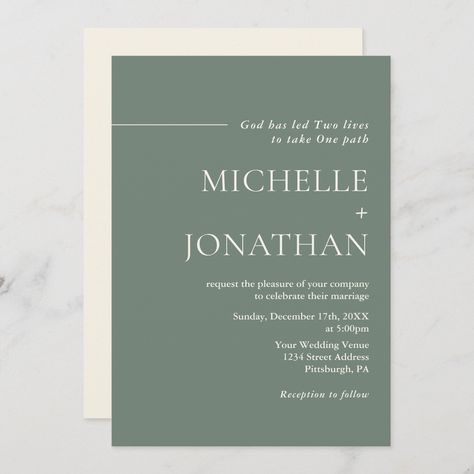 Wedding invitation combines a sleek and modern design with Christian themes to create a truly unique and personalized invitation. The bold sage green background and pearl colored text scheme provides a subtle yet sophisticated backdrop for your wedding details. The inspirational introduction, "God has led two lives to take one path" adds a meaningful touch to the invitation Christian Wedding Invite, Wedding Invitation Christian, Bible Verse For Wedding Invitation, Wedding Invitations Christian, Sage Wedding Invite, Christian Wedding Invitation Wording, Christian Wedding Invitation, Wedding Bible Verses, Christian Wedding Invitations