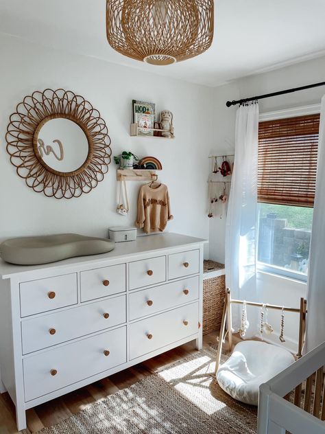 White And Walnut Nursery, Nursery Dresser Mirror, Boho Nursery Dresser, Dresser With Changing Table On Top, Ikea Dresser Nursery, Nursery Dresser Ideas, Nursery Dresser Changing Table, Ikea Changing Table Hack, Nursery Dresser Decor