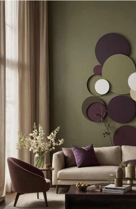 Purple and olive is sexy together! I wouldn’t have thought of that but here it is! Add the neutral drapes and couch….off you go! Colors With Olive Green, Sw Paint Colors, Plum Living Room, Mauve Living Room, Neutral Drapes, Purple Living Room Ideas, Sage Living Room, Burgundy Living Room, Purple Living Room