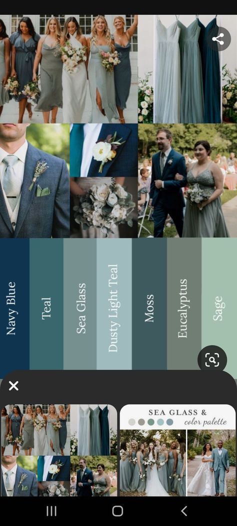 Sage Bridal Party Dresses, Navy Blue And Jade Green Wedding, Blue Wedding Schemes Color Combos, White Sage Blue Color Palette, Forest Green Dusty Blue Wedding, Dusty Light Teal Wedding, Dusty Blue Dark Green Wedding, Sage Green And Blue Wedding Colors, Sage Navy Blue Wedding