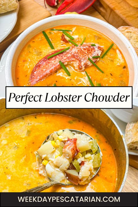 This easy Maine Lobster Corn Chowder is fresh and flavorful and on the table in under an hour! Substitute shrimp (or crab!) for lobster, for a delicious take on shrimp chowder! The perfect seafood main dish or seafood starter course for your holidays. Pin this one to your favorite recipe board today! Lobster Chowder Recipe, Copycat Longhorn Shrimp And Lobster Chowder, Lobster Corn Chowder, Lobster Chowder, Crab And Corn Chowder, Maine Seafood, Lobster Soup, Lobster Stew, Lobster Bisque Recipe