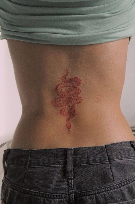 Red Snake Spine Tattoo, Red Snake Tattoo Back, Snake Red Tattoo, Red Snake Tattoo, Red Snacks, Tiny Tattoos For Women, Serpent Tattoo, Red Tattoo, Snake Tattoo Design