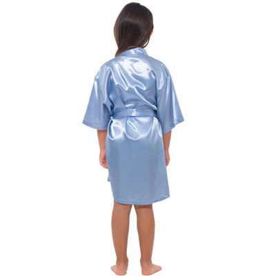 Make your flower girl feel just as happy as your bridesmaids. They will love getting ready on your big day and wearing their very own personalized satin robe matching with the rest of your bridal crew. The kid's satin robes have this luxurious silky satin feeling like the adult ones. Colour: Airy Blue, Size: M Blue Satin Nightgown For Bedtime, Satin Robe Blue, Bridesmaid Blue Robes, Satin Sleep Robe With Satin Finish, Blue Silk Robe, Kids Robes, Satin Kimono, Violet, Flower Girl