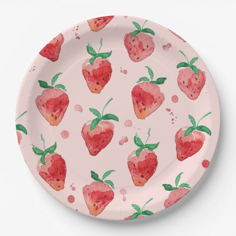 Strawberry Paper Plates Strawberry Ceramic Plate, Summer Plates, Plate Design Ideas, Strawberry Plate, Strawberry Paper, Baby Shower For Twins, Baby Shower Simple, Baby Shower On A Budget, Birthday Plates