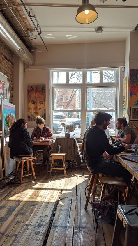 Cozy Café Scene: Customers enjoy a sunny afternoon while sipping coffee in a #cozy, art-filled #urban café. #café #sunlight #woodenfloors #art #windows #aiart #aiphoto #stockcake ⬇️ #Download and 📝 #Prompt 👉 https://stockcake.com/i/cozy-caf-scene_746720_1126834 Busy Coffee Shop Aesthetic, Seattle Coffee Shop Aesthetic, Rainy Coffee Shop Aesthetic, Busy Coffee Shop, Coffee Shop Cozy, Cafe Setting, Coffee Cafe Aesthetic, Seattle Coffee Shops, Urban Cafe