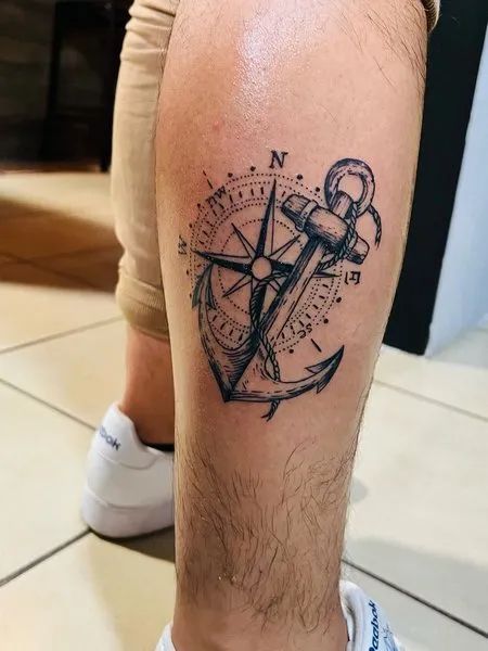 Anchor Calf Tattoo Men's Leg Tattoos, Simple Anchor Tattoo, Anchor Tattoo Ideas, Feminine Anchor Tattoo, Small Anchor Tattoos, Calf Tattoo Men, Navy Tattoos, Anchor Tattoo Design, Anker Tattoo