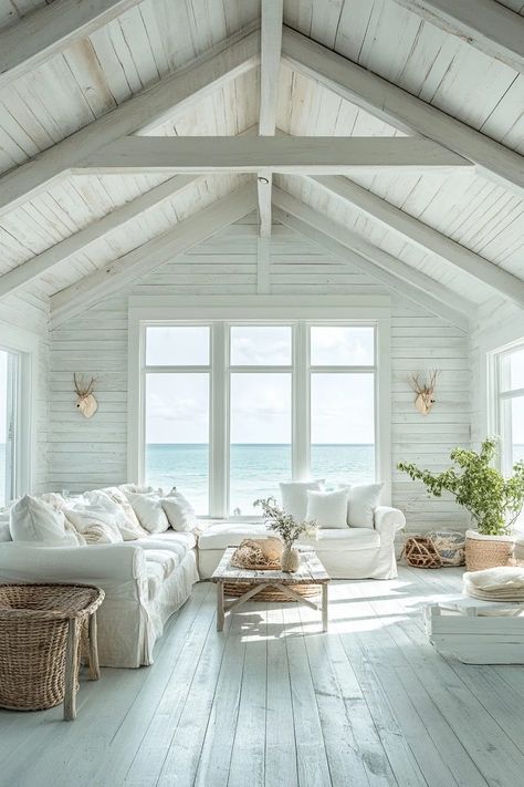 29 Rustic Farmhouse Decor Ideas to Capture the Essence of Simplistic Living Rustic Beach House Living Room, Mountain Lake House Interior, Farmhouse White Interior, Coastal Farmhouse Decor Living Room, Seaside Cottage Aesthetic, Cottage Ideas Interior, White Cottage Interiors, Seaside Cottage Interior, Rustic Elegance Decor