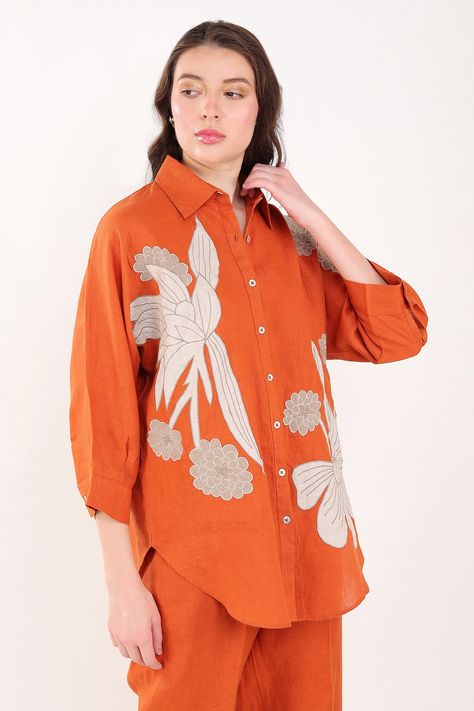 Buy Orange 100% Linen Embroidery Thread Collar Floral Patchwork Shirt For Women by Linen Bloom Online at Aza Fashions. Patchwork Shirts Women, 1920s Fashion Women, Floral Embroidered Shirt, Patchwork Embroidery, Linen Embroidery, Hand Painted Scarves, Patchwork Shirt, Buy Linen, Floral Patchwork