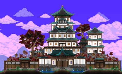 Terraria Castle, Terraria Base, Terrarium Base, Terraria House Ideas, Terraria House Design, Terraria House, Terraria Builds, Japanese Castle, Sacred Tree