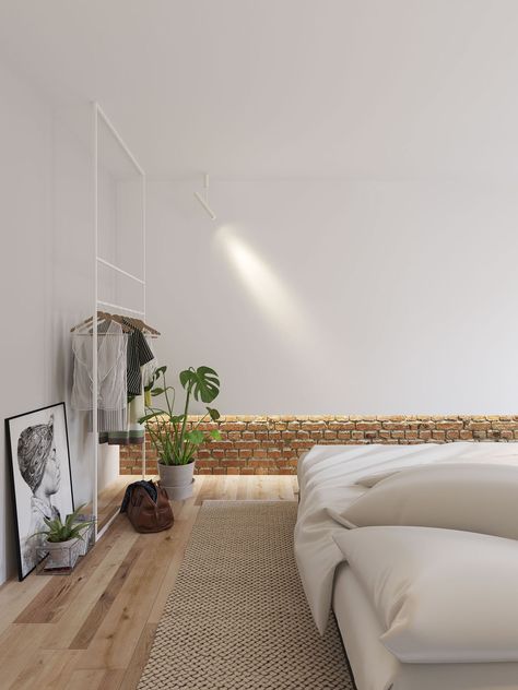 White Walls and Exposed Brick Go Minimalist in This Couple's Retreat Exposed Brick Bedroom, Brick Bedroom, Rustic Wooden Furniture, Potted Ferns, Brighter Bedroom, School Chairs, Flat Interior, Couples Retreats, Japandi Style