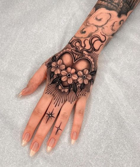 Womens Side Neck Tattoos, Under Hand Tattoo, Hand Tattoo Filler, Floral Filler Tattoo Ideas Gap, Arm Hand Tattoo Women, Filler Tattoo Ideas Gap Forearm, Halloween Hand Tattoo, Large Hand Tattoo, Palm Tattoos Hand