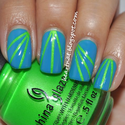 heartNAT: China Glaze I'm with the Lifeguard and OPI Ogre the top Blue Broncos Nails, Geometric Nail Art, Fingernail Polish, Geometric Nail, Striped Nails, Nail Polish Designs, China Glaze, Gel Color, Neon Green