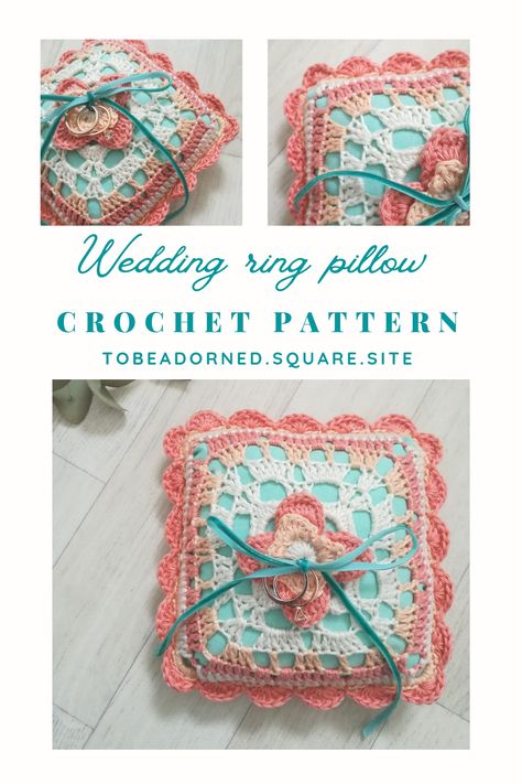 Collage of three photos of a lacy crochet wedding ring pillow. It's made with coral, peach and cream coloured yarn, with a turquoise cushion inner. Two rose gold rings are tied to the top with velvet ribbon. Crochet Wedding Ideas, Crochet Ring Bearer Pillow Pattern Free, Crochet Wedding Pillow, Crochet Garter Wedding Free Pattern, Crochet Wedding Ring Pillow, Crochet Ring Pillow, Crocheted Ring Bearer Pillow Patterns, Bride Garter Crochet Pattern, Wedding Crochet Patterns