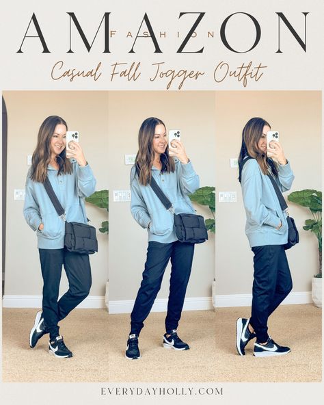 Like to save 💵? 👉🏻 These joggers are just as good as the high priced brands! Over 20K amazing reviews & they come in a XS option in black. 💥Sale! No codes needed! Say 20% on pullover - click on size to populate coupon Save 17% on Joggers Cute pullover & jogger outfit from Amazon perfect for fall transition! Great for everyday style, travel, loungewear! #sogood Casual jogger outfit. Joggers are perfect for petites, I'm 5'1", 109lbs. Cute and well made v neck pullover with pocket, size smal Navy Joggers Outfit Woman, Navy Joggers Outfit Casual, Joggers With Booties Outfit, Navy Joggers Outfit, Casual Outfits Sweater, Travel Loungewear, Jogger Outfit Casual, Over 40 Style, Jogger Outfit