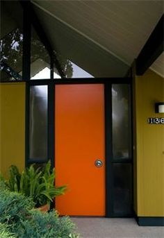 Orange Door on Pinterest Mid Century Modern Front Door, Orange Front Doors, Mid Century Modern Exterior, Mid Century Exterior, Orange Door, Beautiful Front Doors, Yellow Door, Eichler Homes, Modern Front Door