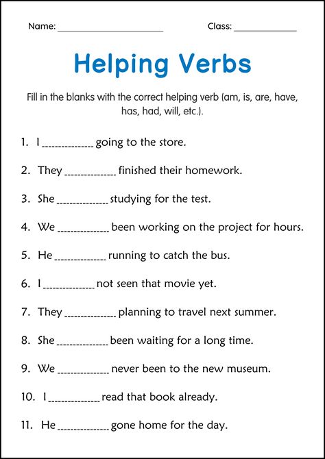 Helping Verbs Grammar Practice Activity Worksheet for Grade 1 – Auxiliary Verbs

These Helping Verbs Worksheets are designed to provide students with a comprehensive and engaging way to understand and practice the use of helping verbs (also known as auxiliary verbs) in English. Helping verbs are essential in forming verb phrases that express different tenses, moods, voices, and aspects of the main verb. This series of worksheets aims to reinforce students' knowledge of helping verbs such as am, is, are, have, has, had, will, do, does, did, etc. through a variety of activities that encourage both recognition and application of these verbs. Helping Verbs Activities, Verb Phrases, Helping Verbs Worksheet, Auxiliary Verbs, Verb Conjugations And Usage, Verbs Worksheet, Verbs In English, Verbs Activities, Main Verbs