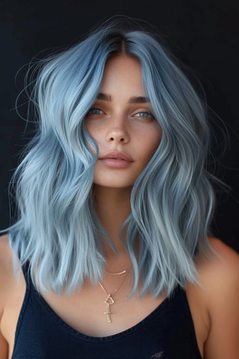 Medium Shag Hairstyles, Blue Grey Hair, Long Sleek Hair, 2024 Hair Color, Denim Hair, Gorgeous Hair Color, Trends For 2024, Sleek Hairstyles, Long Wavy Hair