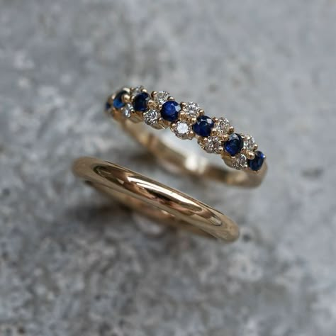 Blue Sapphire Cluster Ring, Diamond And Sapphire Ring Gold, Rings With Blue Sapphire, Sapphire Yellow Gold Ring, Gold Sapphire Wedding Band, Sapphire Engagement Ring And Wedding Band, Wedding Bands With Sapphires, Gold Ring With Blue Stone, Sapphire Ring Band