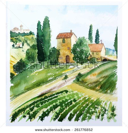 Landscape with houses, watercolor vector illustration Italy Painting Easy, Italy Watercolor Paintings, Italian Landscape Paintings, Houses Watercolor, Painting Challenge, Tuscany Landscape, Paper Napkins For Decoupage, Italian Landscape, Italian Countryside