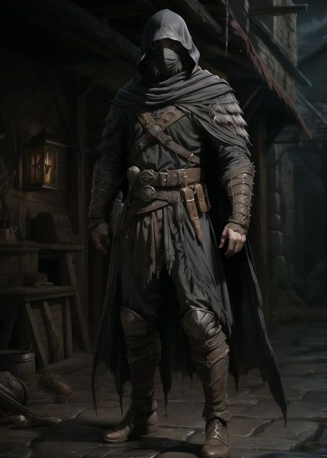 Dnd Ranger Rogue, Assassins Clothing, Dnd Assassin Character Design, Male Rogue Character Art, Dnd Rogue Male, Rogue Dnd Character Design, Dnd Rogue Art, Fantasy Assassin Art, Assassin Medieval