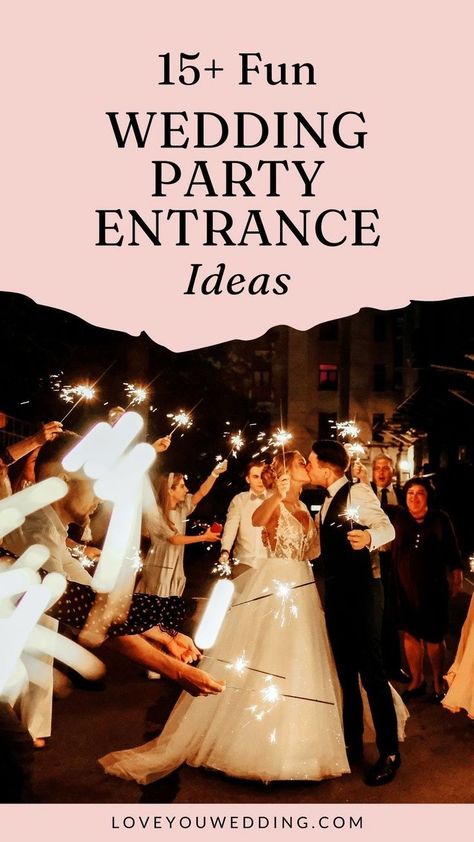 Set the tone for your wedding reception with a fun and creative wedding party entrance! We’re sharing 15 awesome wedding party entrance ideas including the best wedding party entrance songs, dances, ideas, and more! Creative Wedding Entrance Ideas, Songs To Walk Into Wedding Reception, Entrance For Wedding Reception, Wedding Ideas Entrance, Wedding Reception Walk In Ideas, Wedding Walk In Ideas, Entrance To Wedding Reception, Best Wedding Entrance Ideas, Grand Wedding Entrance