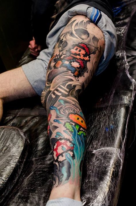 Nintendo Tattoo, Video Game Tattoos, Mario Tattoo, Gamer Tattoos, Video Game Tattoo, Geek Tattoo, Leg Sleeve Tattoo, Gaming Tattoo, Great Tattoos