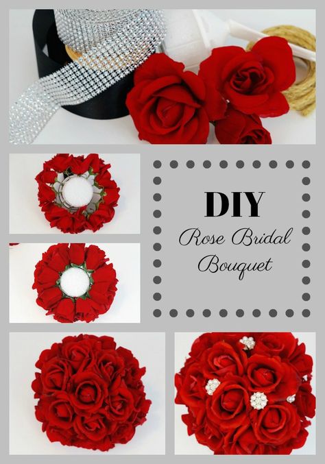 Simple To Make Beautiful Rose Wedding Bouquet For Less Than $30 Diy Red Rose Bouquet, Red Flowers For Wedding Without Roses, Red And Silver Bouquet, Red Rose Wedding Theme, Red Rose Wedding Bouquet, Diamond Wedding Theme, Glitz Wedding, Red Brooch Bouquet, Red Rose Bridal Bouquet