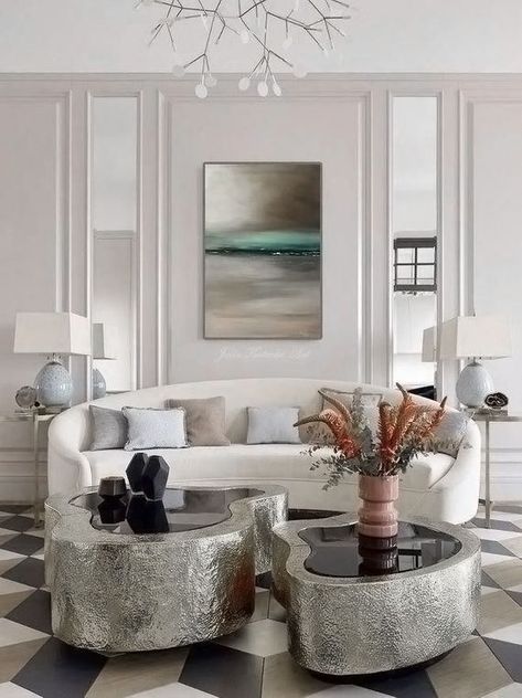 Beautiful Art Deco style white living room decor with curved sofa, glamorous luxury living room decor, luxury sofa Art Deco Living Room Grey Sofa, White Sofa Glam, Art Deco Sofa Vintage, Art Deco Leather Sofa, Luxury White Gold Art Deco Brooches, Room Decor Luxury, Perfect Living Room Decor, Gatsby Glamour, Inspiring Homes