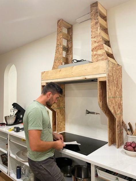 7 Step Guide on how to build our DIY Range Hood - on lakeshore drive Diy Stove Alcove, Square Hoods Kitchen, Arched Stove Hood, Vent Hood With Vaulted Ceiling, Diy Shiplap Range Hood Cover, Build Range Hood Cover, Range Hood With Shelves, Kitchen Cooker Hood Ideas, Diy Stove Hood