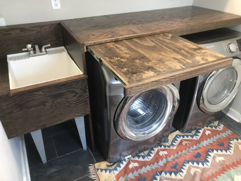 Laundry Room Design Pull Out Laundry Table, Pull Out Laundry Folding Shelf, Utility Sink Folding Table, Hinged Folding Table Laundry Room, Folding Table Ideas For Laundry Room, Laundry Room Fold Down Table, Laundry Room Collapsable Folding Table, Fold Out Laundry Table, Collapsible Folding Table Laundry Rooms