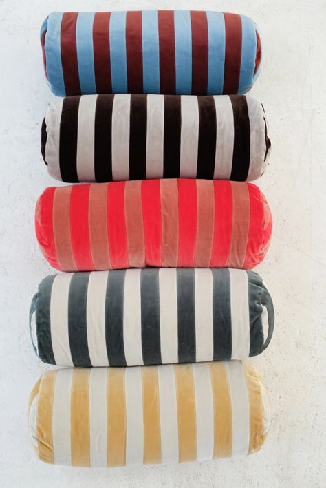 Velvet Stripe Bolster Pillow – Beklina Striped Furniture, Coral Blush, Fringe Pillows, Striped Cushions, Bolster Pillow, Cushion Filling, Eclectic Home, Stripe Pillow, Cotton Velvet