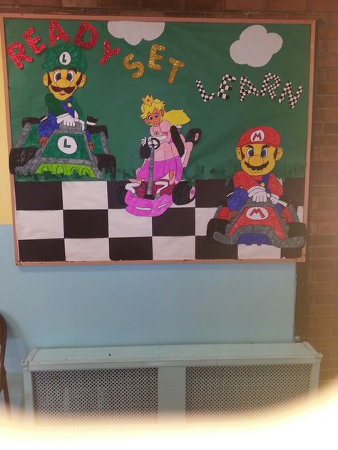 Mario Kart Bullentin Board for Back to school-Not completed ! Mario Brothers Classroom Door, Mario Brothers Bulletin Board Ideas, Super Mario Bros Bulletin Board, Mario Kart Classroom Theme, Mario Kart Bulletin Board, Video Game Bulletin Board Ideas, Mario Brothers Bulletin Board, Super Mario Bros Classroom Theme, Level Up School Theme