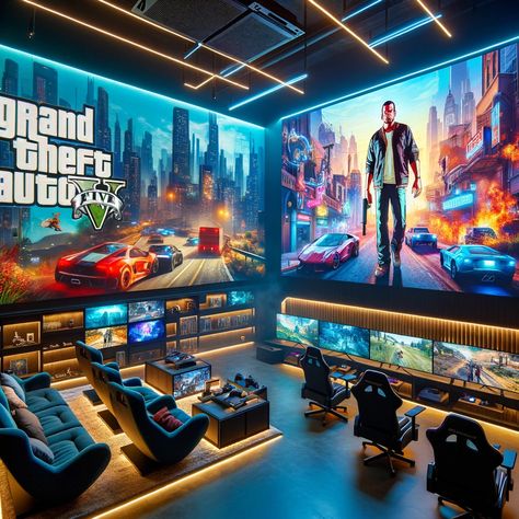 GTA5 playing Gaming Theater Room, Huge Gaming Room, Luxury Game Room Dream Houses, Luxury Gaming Room Gamer Setup, Mansion Gaming Room, Playstation Game Zone Interior Design, Mansion Arcade Room Luxury, Man Cave Must Haves, Party Coloring Pages