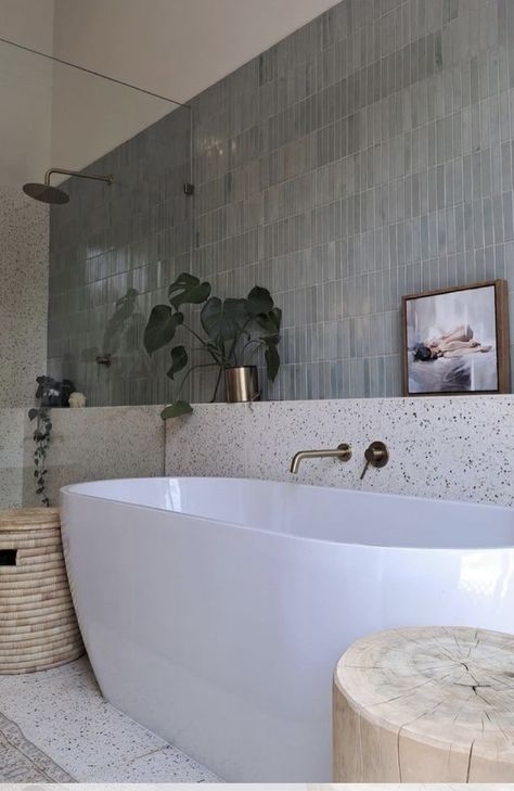 Modern Neutral Master Bath, Calm Bathroom Ideas, Bathroom High Ceiling, Luxury Ensuite, Terrazzo Tiles, Master Bath Remodel, A Match Made In Heaven, Bathroom Inspiration Decor, Upstairs Bathrooms