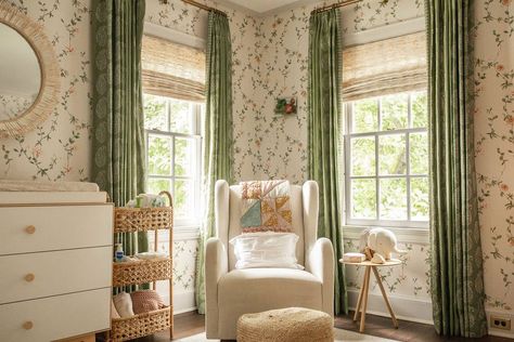 A Pattern-Filled Nursery Pretty Enough for Any Age Daybed In Nursery, Nursery With Daybed, Sleeping Beauty Nursery, Nursery Stories, Curtains Green, Peter Dunham, Rattan Daybed, Parisian Theme, Chic Nursery