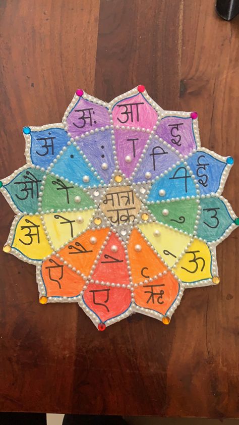 Multicoloured matra chakra done for a school project Hindi Project For Exhibition, Hindi Matra Chart Project, Hindi Chart Ideas, Hindi Exhibition Ideas For School, Hindi Varnamala Chart Ideas, Hindi Exhibition Ideas, Hindi Decoration, Vowels Decoration Ideas, Hindi Matra Chart