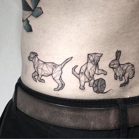 Pet tattoos by Fin T. #FinT #malaysia #geometric #animal #origami #pointillism #dotwork #dog #cat #bunny Geometric Dog Tattoo, Tatoo Dog, Geometric Animal Tattoo, Origami Tattoo, Tier Tattoo, Tattoo Dog, Geometric Dog, Memorial Tattoos, Geometric Animals