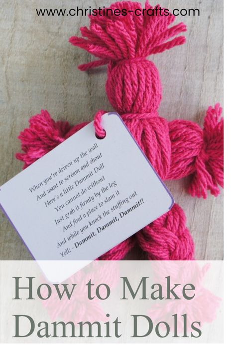 Pink Dammit Doll with Poem Tag No Crochet Yarn Crafts, No Knit Yarn Crafts, Funny Crafts For Adults, Things To Make With Yarn Diy Projects, Easy Yarn Gifts, Yarn Animals Diy, Quick And Easy Yarn Crafts, Things To Make With Yarn Easy, Diy Dammit Doll