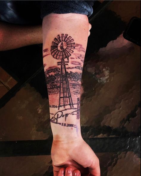 Traditional Tattoos Country, Windmill Tattoos For Women, Sleeves For Women Tattoo Western, Western Family Tattoo, Texas Landscape Tattoo, Windmill Tattoo Country, Texas Tattoo For Men Sleeve, Punchy Western Tattoos For Women Sleeve, Unique Western Tattoos